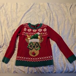 It's Our Time Festive Red Sweater with Reindeer Design